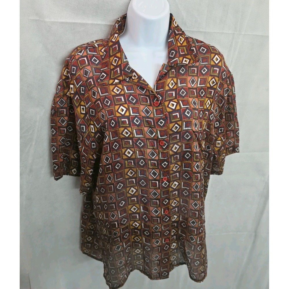 Vintage Bogari Womens M 100% Silk Geometric Print Button Up Blouse 90s